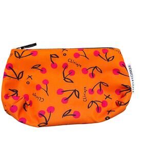 Clinique X Donald Pliner Cherries Print Makeup Cosmetic Travel Bag  Orange NEW